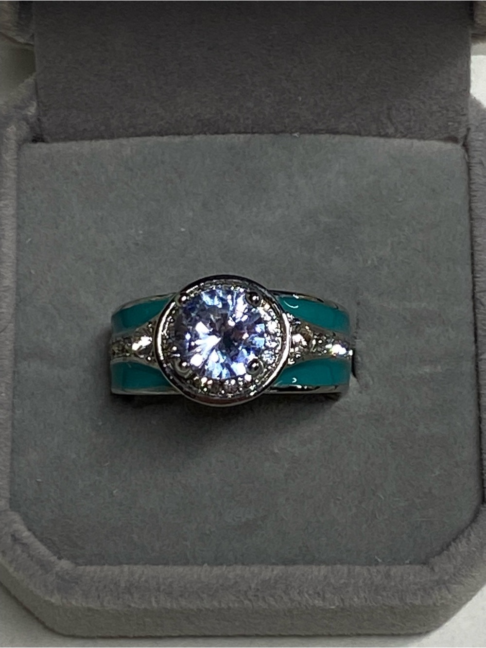 Teal Enamel Halo Solitaire Ring with Clear Center Stone